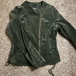 Green suede zip up jacket. Cute detailing!